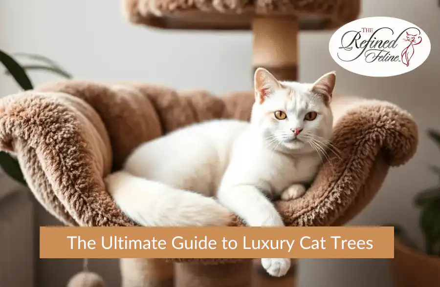 White cat lounging on plush beige cat tree with text "The Ultimate Guide to Luxury Cat Trees" and The Refined Feline logo.