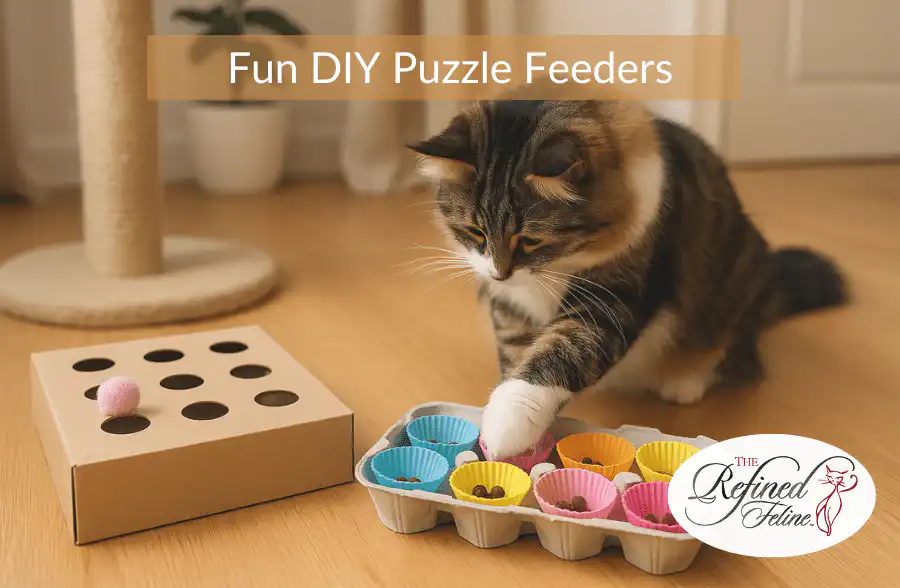 Cat retrieves treats with paw from cup holders and a cardboard puzzle feeder; top text reads Fun DIY Puzzle Feeders.