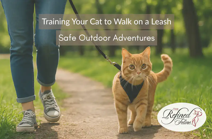 Person walking an orange cat on a leash along a grassy park path lined with trees on a clear day.