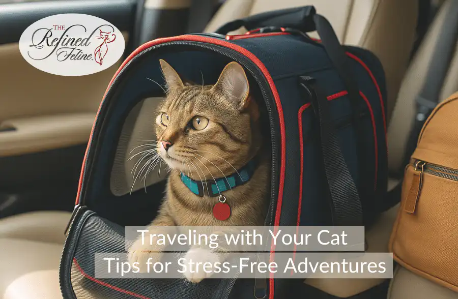Tabby cat in a pet carrier on a car seat beside a tan bag; text overlay gives cat travel tips for stress-free trips.