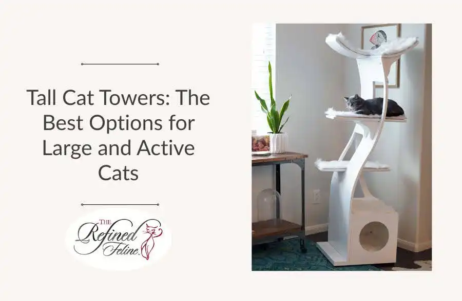 Gray cat lounges on a tall white cat tower by a window in a cozy room with plants. Text: Tall Cat Towers for Large Cats.