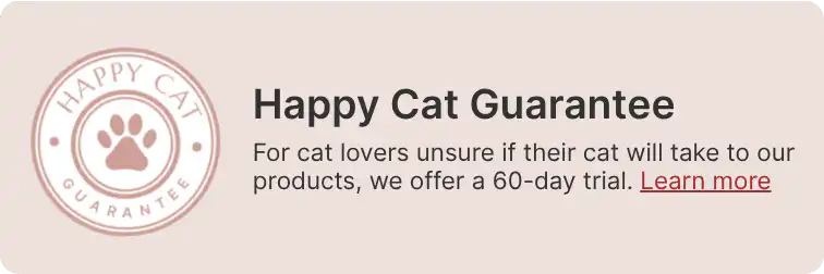 Badge saying Happy Cat Guarantee next to text: 60-day trial for $9, Holiday fundraiser mention, Learn more link.