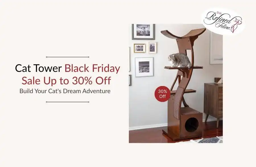 A modern wooden cat tower stands next to a wall of framed pictures, with Black Friday Sale text and 30% off offer.