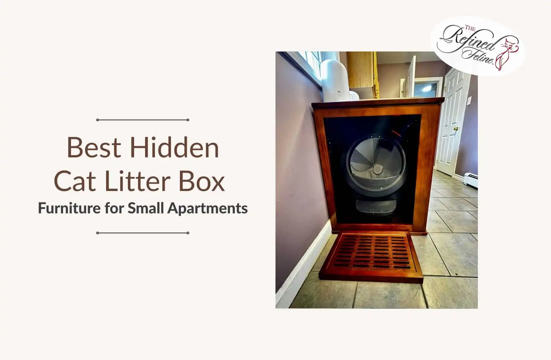 A wooden cabinet hides a cat litter box, matching light walls and tiled floors in a small apartment.