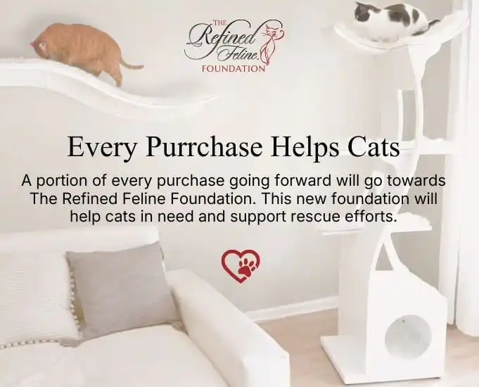 Two cats lounge on a modern white cat tree and wall shelves; products support The Refined Feline’s donation efforts.