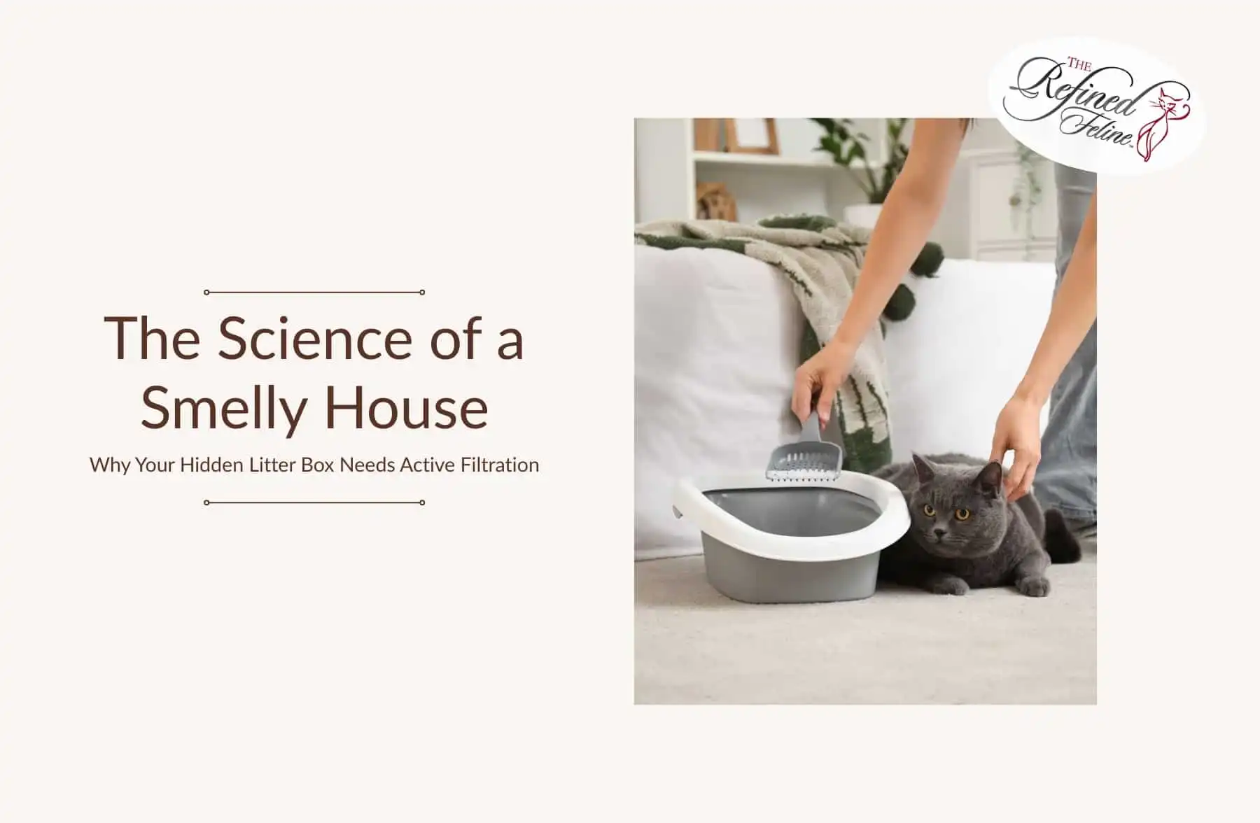 A person cleans a litter box inside sleek cat furniture next to a gray cat; text reads: The Science of a Smelly House.
