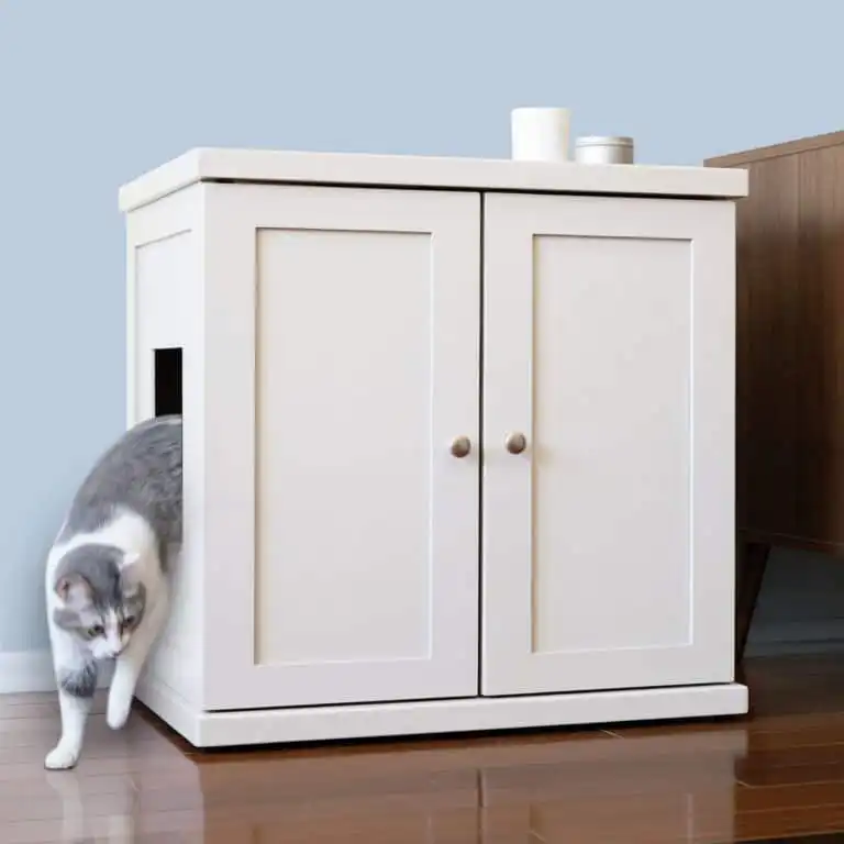 Gray and white cat stepping out of a white litter box cabinet with side entrance, near wood furniture on wood floor.