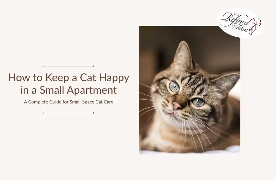 Tabby cat lying next to text: "How to Keep a Cat Happy in a Small Apartment" and The Refined Feline logo.