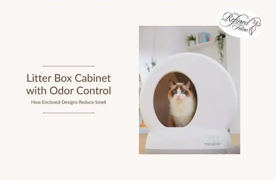 Himalayan cat lying inside a stylish enclosed litter box cabinet designed to control and contain odors.
