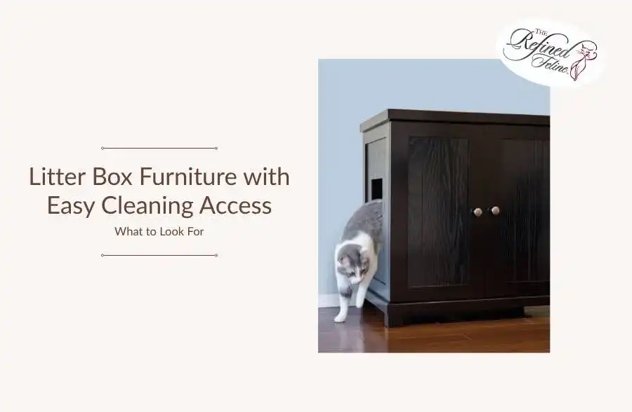 White and gray cat steps out of a dark wooden cabinet designed as a stylish, easy-to-clean litter box furniture.