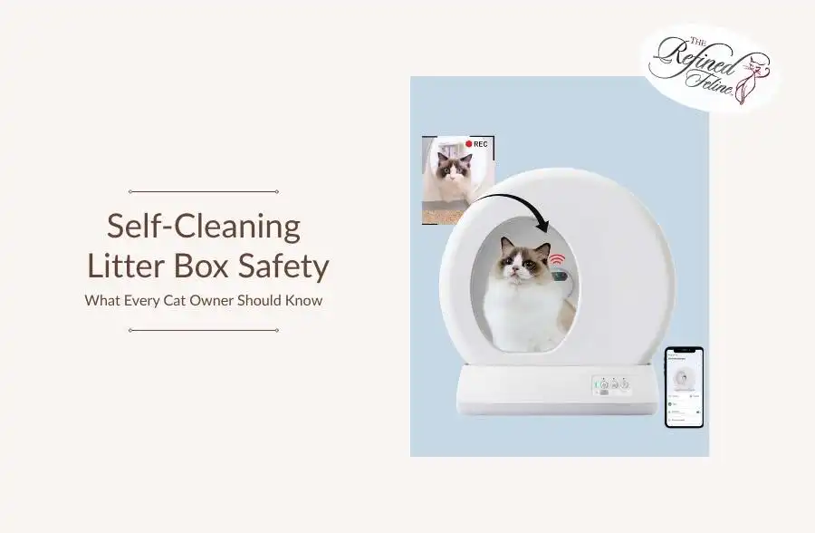 White cat relaxing in a round self-cleaning litter box; smartphone displays cat. Text: Self-Cleaning Litter Box Safety.