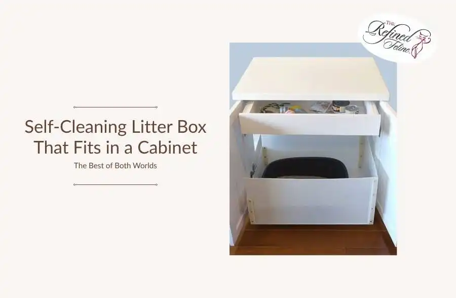 White cabinet with open top drawer and bottom compartment showing self-cleaning litter box. Text: Self-Cleaning Litter Box That Fits in a Cabinet.