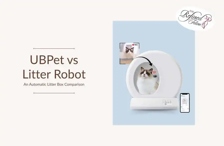 Side-by-side comparison: UBPet vs. Litter-Robot, with a cat inside a litter box, smartphone app, and cat photo on right.