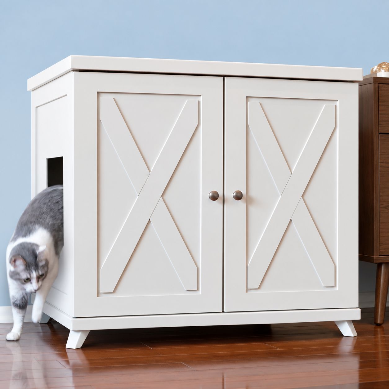 White farmhouse-style cat litter box enclosure, model ERLB-XL-WH-FARM-MIDC, with double X-pattern doors and side exit.