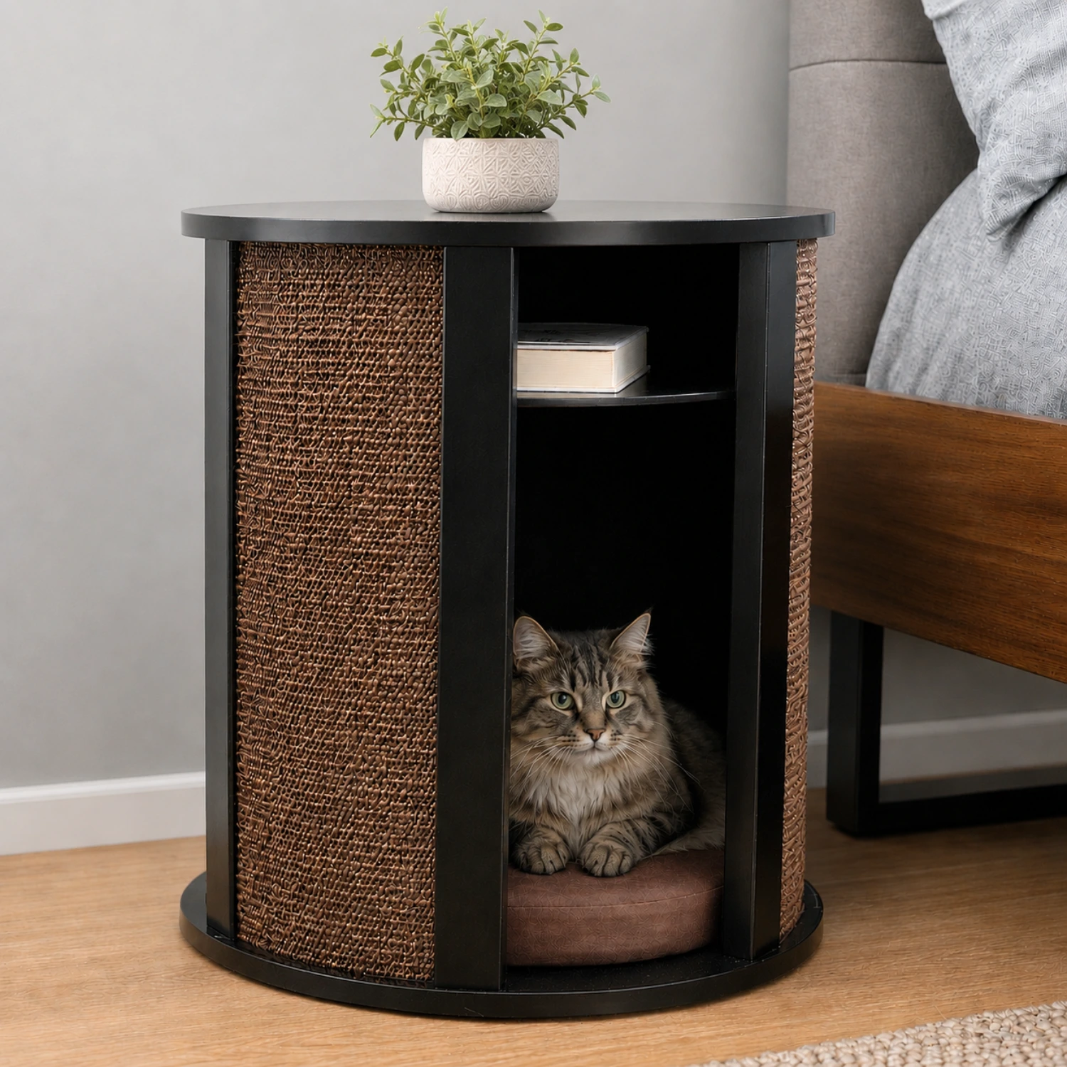 Tabby cat resting on a cushion inside a round black woven cat bed table, with a plant and books on shelves above.