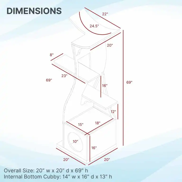 Line drawing of a modern cat tower with labeled dimensions: 20x20x69 inches, cubby 14x16x13 inches.