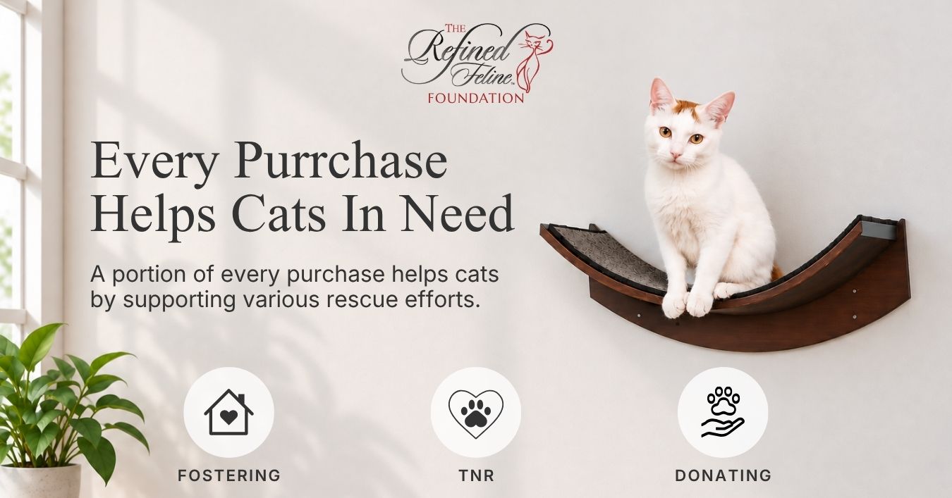 White cat on wall shelf near plant; text says Every Purchase Helps Cats in Need with fostering and TNR icons.